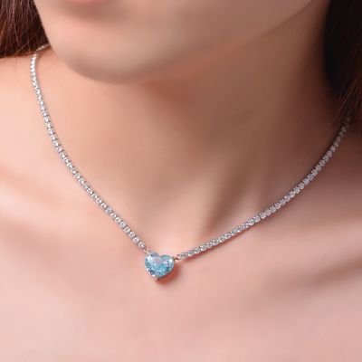 Элегантное сердце Аква синий 925 Стерлинг серебряный сердце драгоценный камень ожерелье